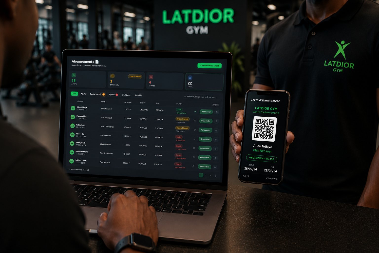 Tableau des abonnements TerangaFit : membres actifs, abonnements expirés ou bientôt expirés, chacun avec un bouton Renouveler, et la carte d'abonnement à QR code sur mobile.